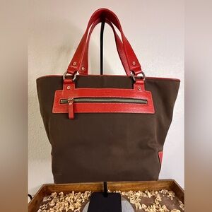 Kate Spade Red Leather Trim Brown Canvas Tote